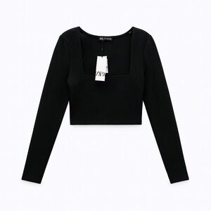 Zara Black Long Sleeve Crop Fitted Top